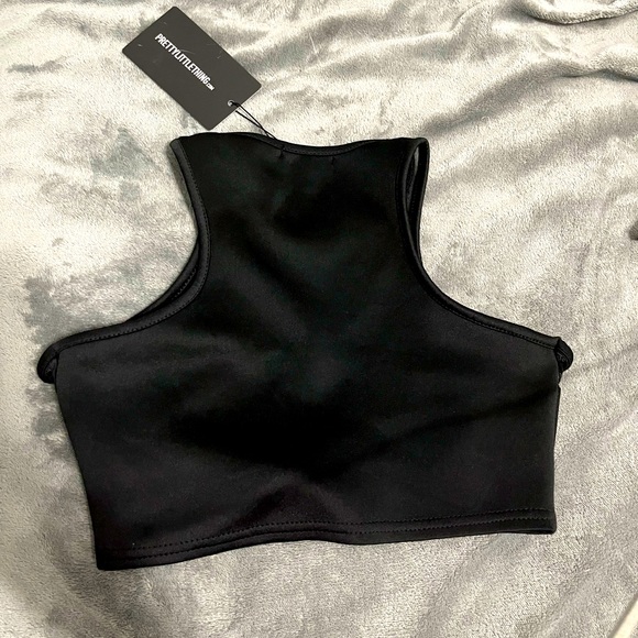 PRETTY LITTLE THING Black Mesh Insert Scuba Racer Neck Crop Top - Picture 4 of 6